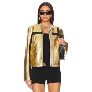 We The Free Free People Vegan Leather Moto Jacket Metallic Gold XS Fast Lane